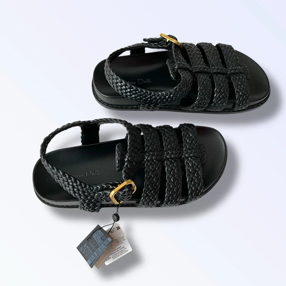 Woven Strap Black Women’s Sandals with Gold Buckle - Picture 6 of 9